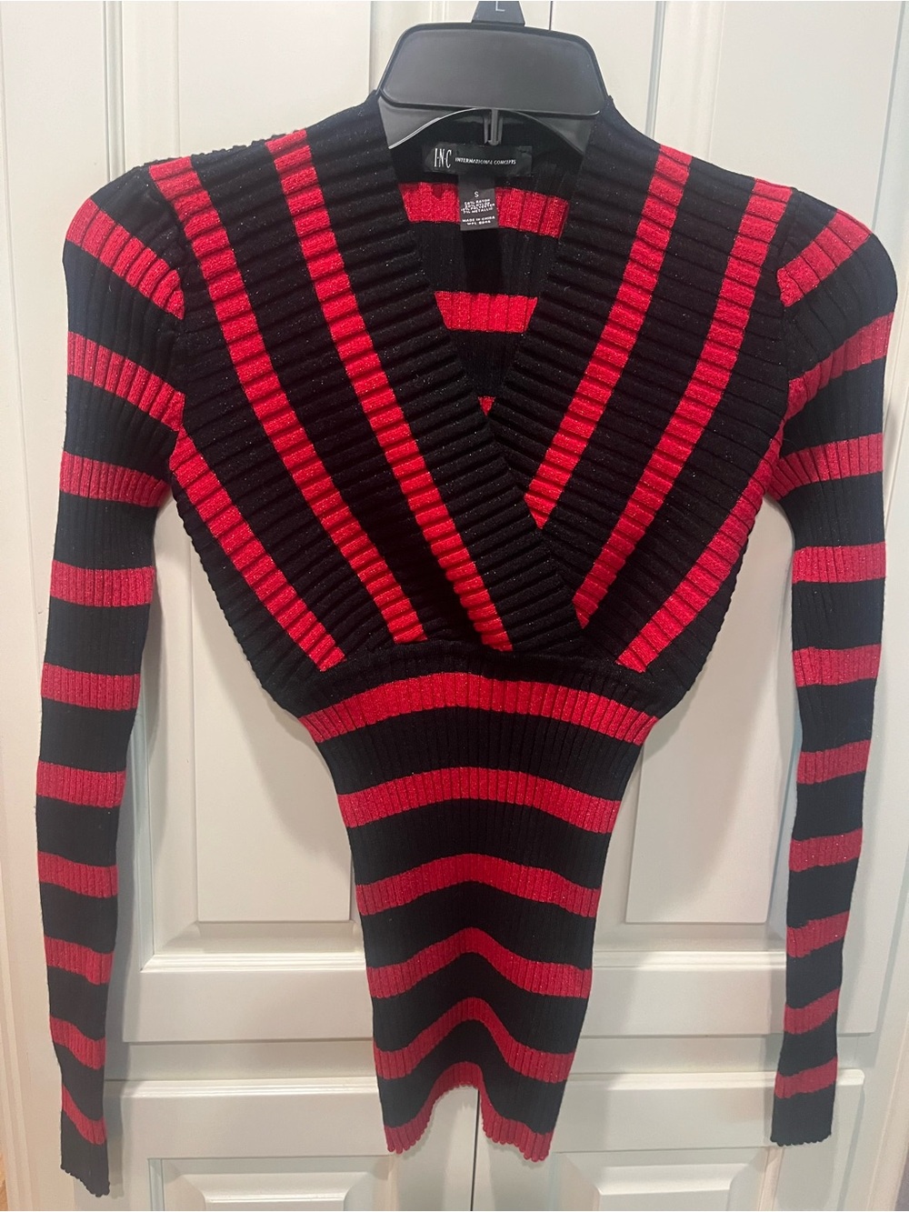 INC International Concepts Black and Red Striped Ribbed V-Neck Sweater